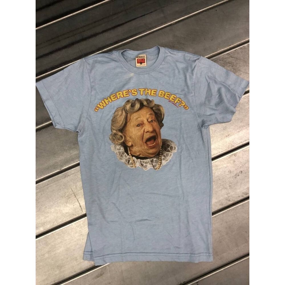 Homage‎ Where's The Beef Clara Peller Shirt Size Small Light Blue Wendy - Picture 1 of 8